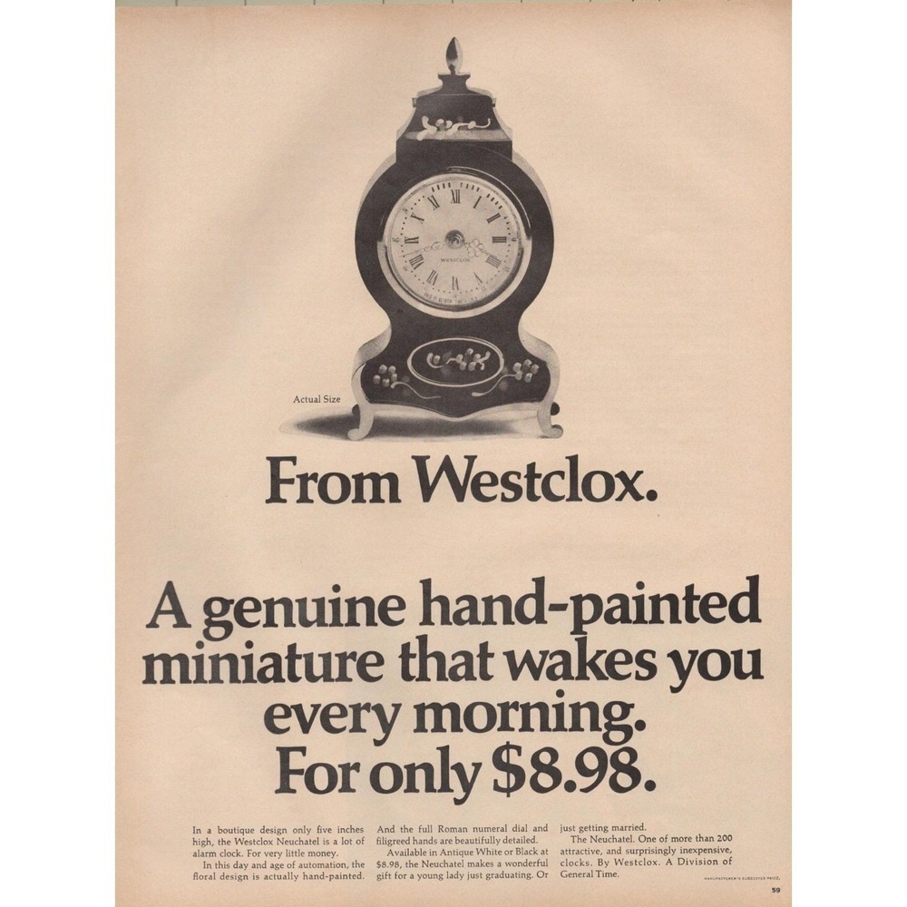 Westclox Hand Painted Miniature Alarm Clock Vintage Magazine Print Ad 1970